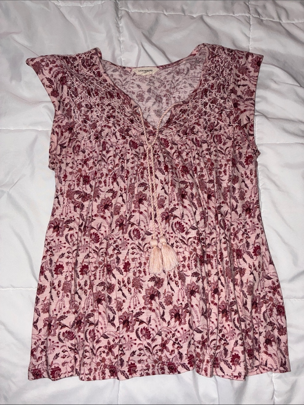 Lucky Brand Rose Floral Smocked Tassel Tunic Top